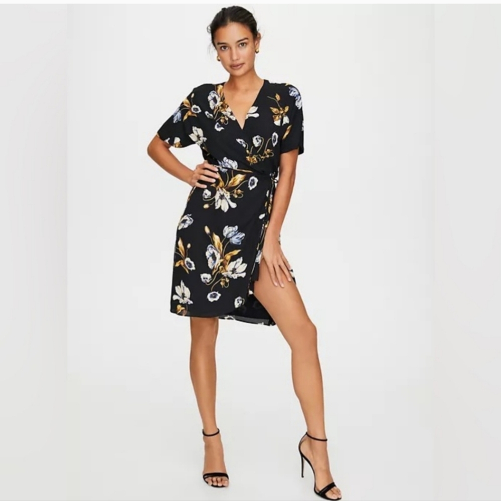 Babaton Black and White Flutter Sleeve Wrap Dress